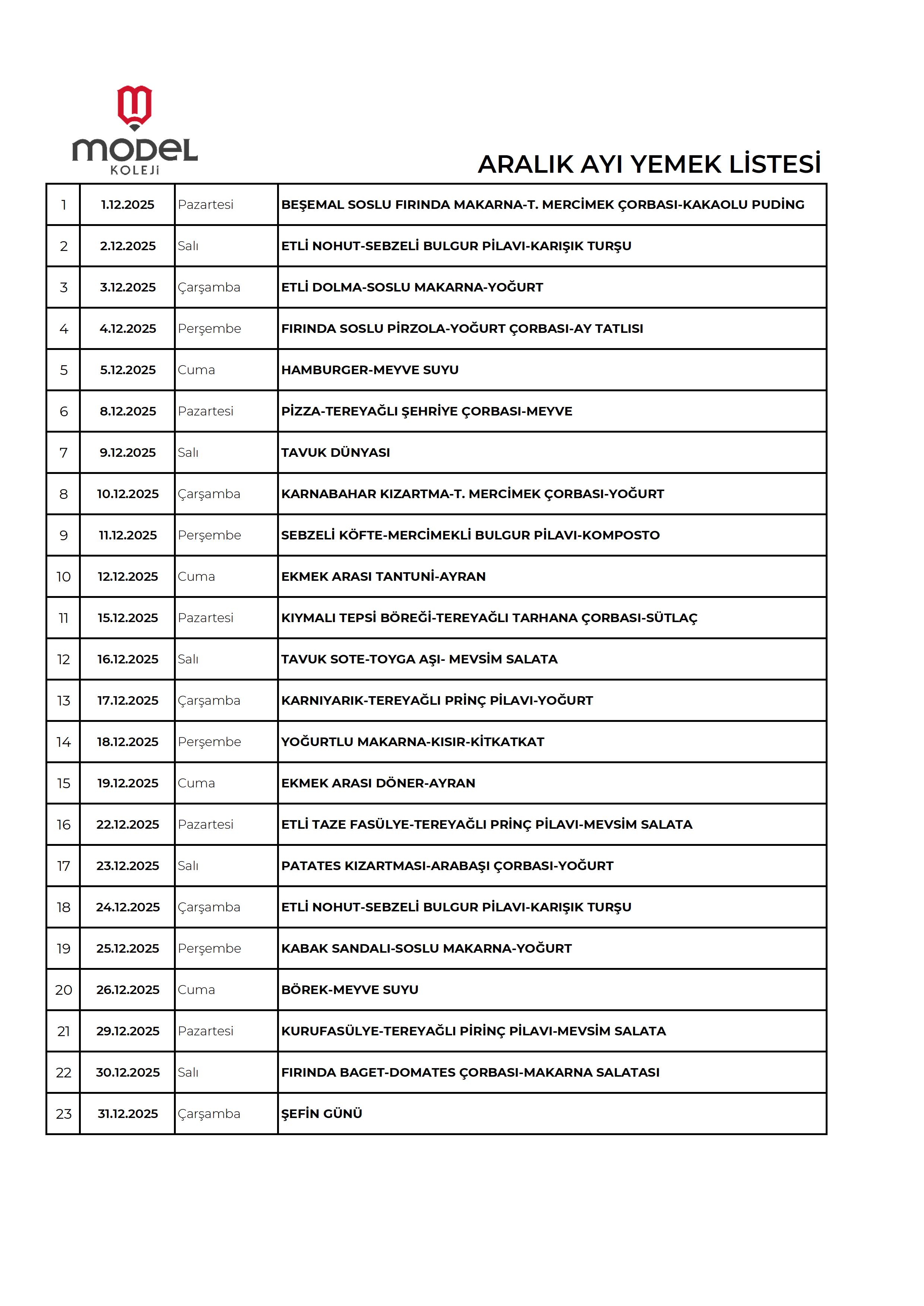 Aralık Ayı Yemek Listesi