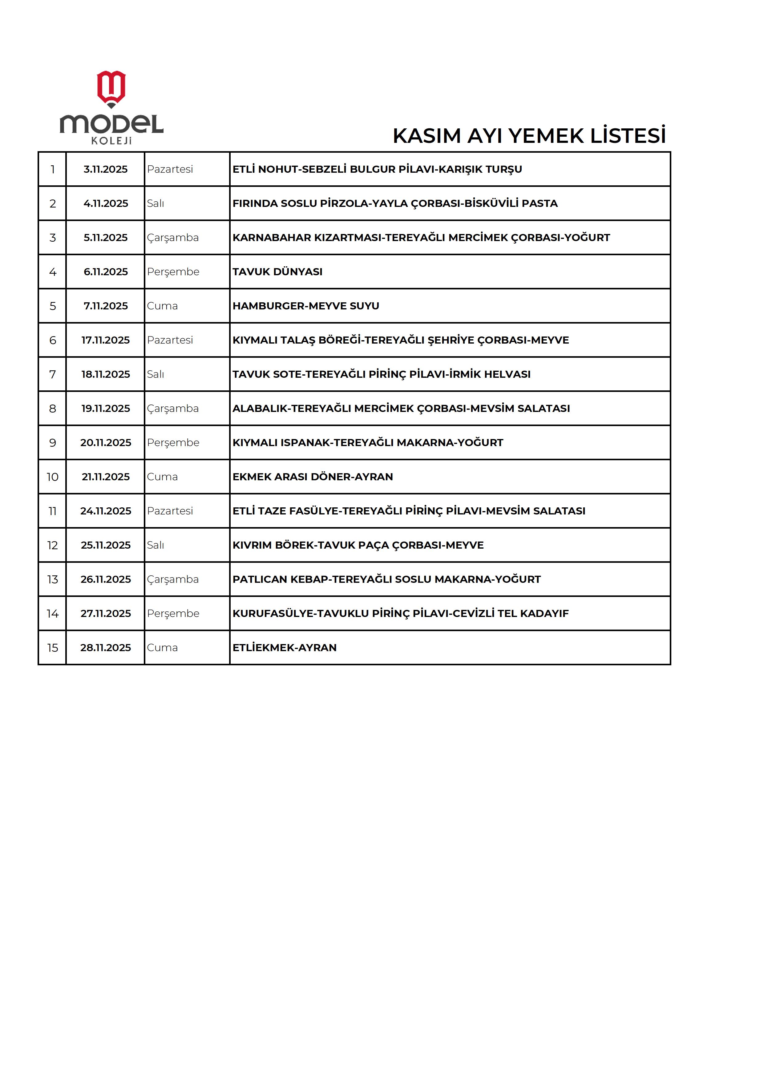Kasım Ayı Yemek Listesi